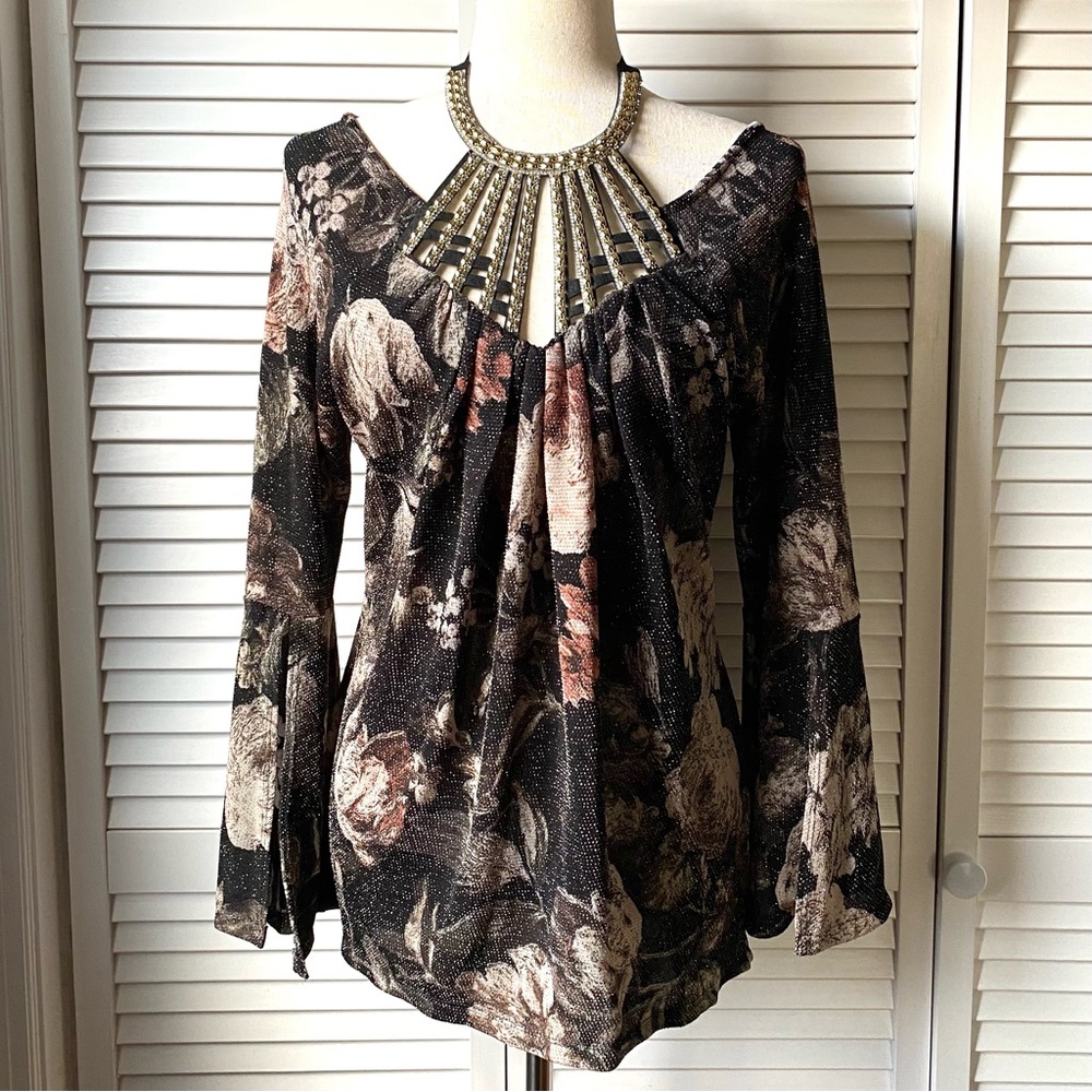 VENUS Black Floral Cutout Long-Sleeve Blouse